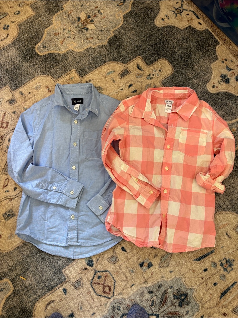 Place and carters Boys Light Blue Button-Down & Coral Check Button-Up, size 8